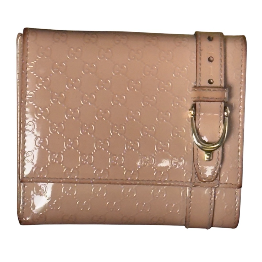 Authentic Gucci Beige Microguccissima Patent Leather Buckle French Small Wallet - Picture 13 of 15